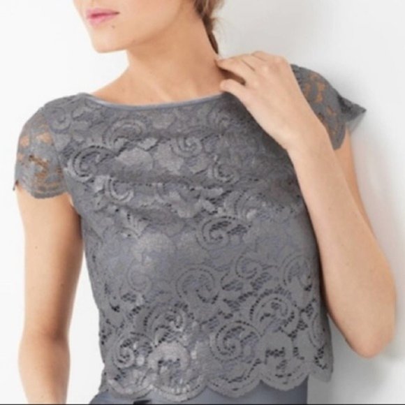 White House Black Market Tops - WHBM Grey Lace Zip Up Structured Crop Top Size 14